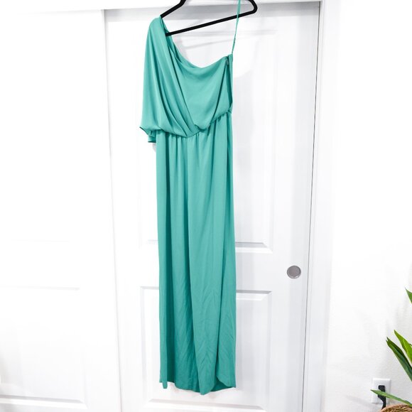BCBGMaxAzria Size 8 Teal Green One Shoulder Drape Jumpsuit - Picture 3 of 10